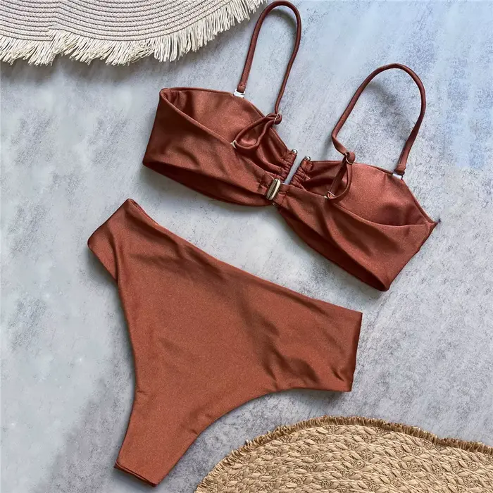 Marron brillant U en forme de Bikini taille haute Sexy maillot de bain femmes 2026 froissé maillots