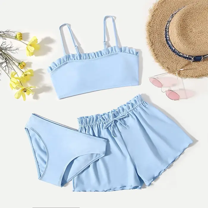Maillot de bain trois pièces pour enfants filles, ensemble Bikini Rullfe, avec short, tendance, pour adolescentes de 10 à 16 ans
