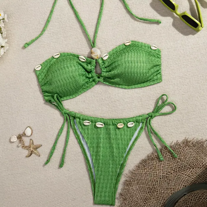 Ensemble de micro-bikini sexy 2026 pour femmes, bretelles croisées, ornement en coquillage, string, bikini deux pièces, maillot de bain de vacances, vêtements de bain
