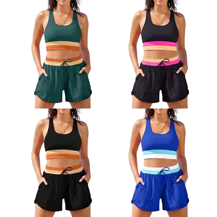 Ensemble de shorts de bain élégants, maillot de bain deux pièces flexible, texture polyester, taille haute, adapté au bain de soleil et à l'eau