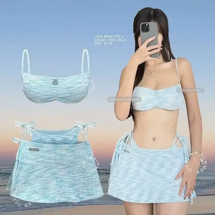 Bikini côtelé rose pour femme avec jupe, maillot de bain trois pièces rembourré pour les vacances à 