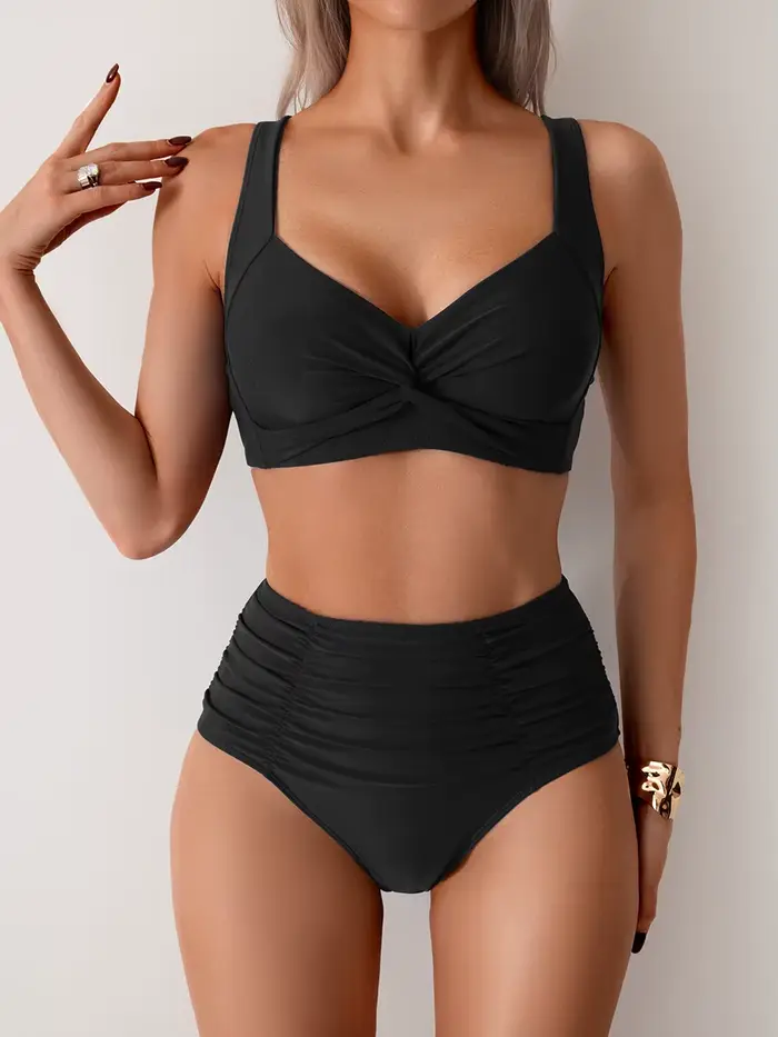 Maillot de bain noir deux pièces pour femmes, sexy, plissé croisé, push up, rembourré, ensemble biki