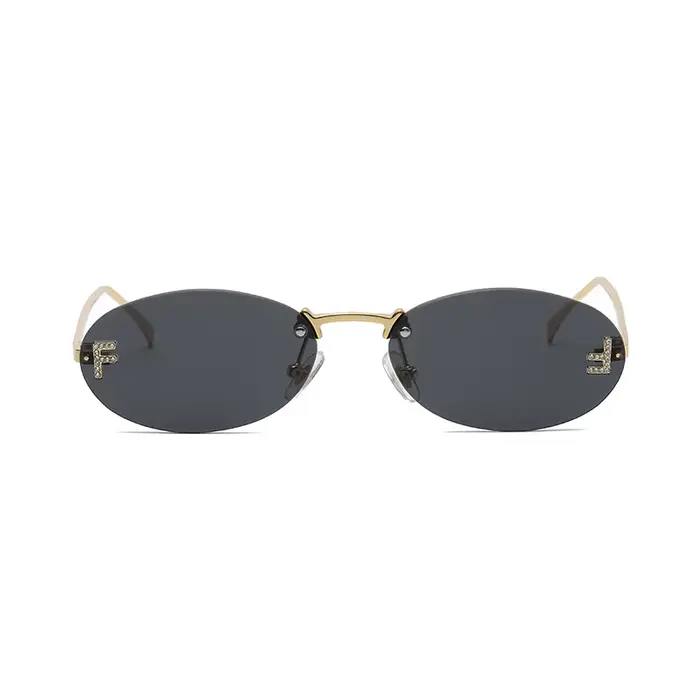 Mode lunettes de soleil sans monture femmes UV400 ovale élégant diamant F lunettes de soleil lunette