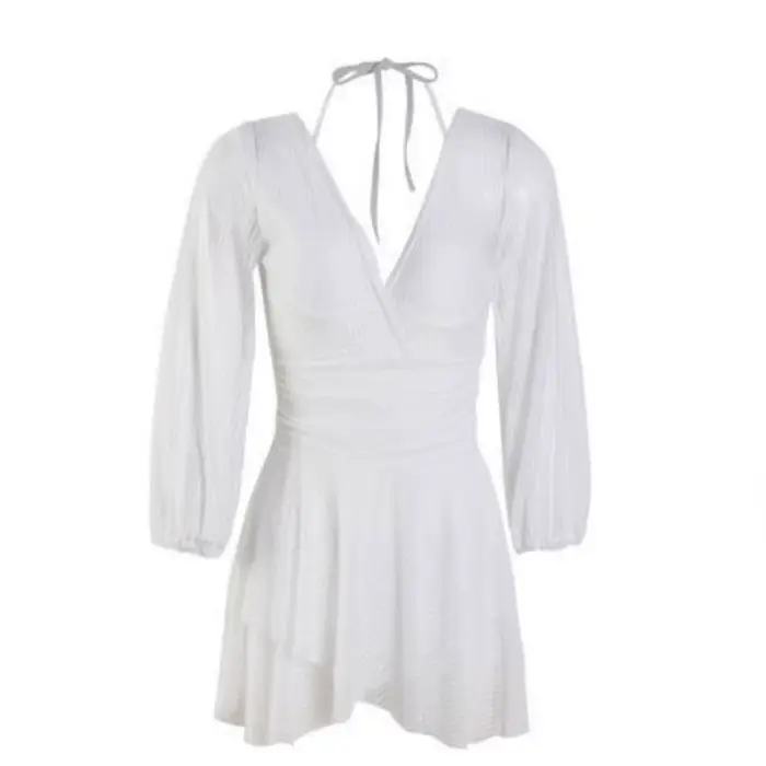 Maillot de bain transparent à manches longues et jupe, col en V, dos nu, coupe ajustée, en maille, p
