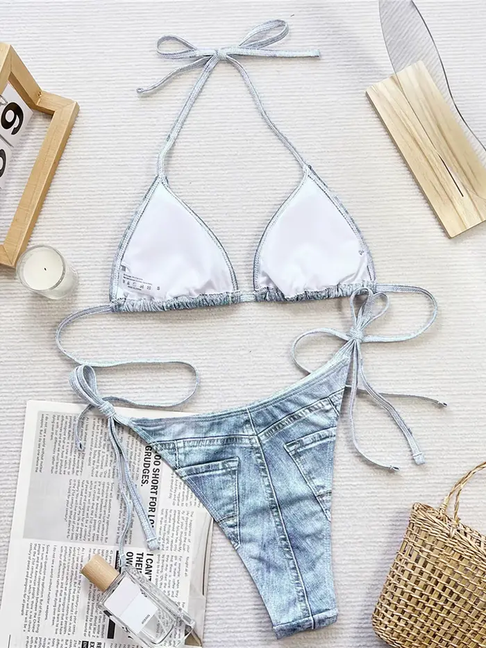 Maillot de bain deux pièces en denim imprimé, style halter, à bretelles, coupe haute, pour femme, ensemble bikini K5779
