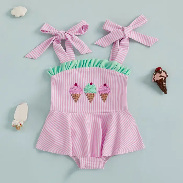 Citgeett été infantile bébé fille maillot de bain crème glacée broderie rayé à volants garniture cra
