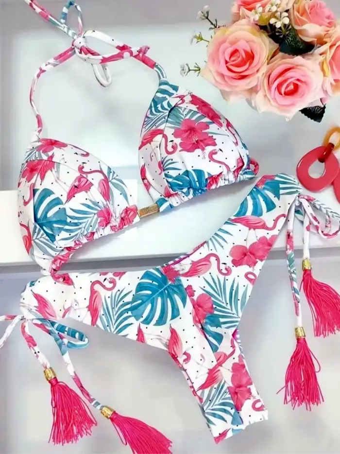 Ensemble de maillot de bain bikini à franges pour femme - Taille basse imprimée avec lien à nouer | 