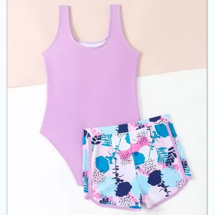 Maillot de bain une pièce avec short pour filles de 8 à 12 ans