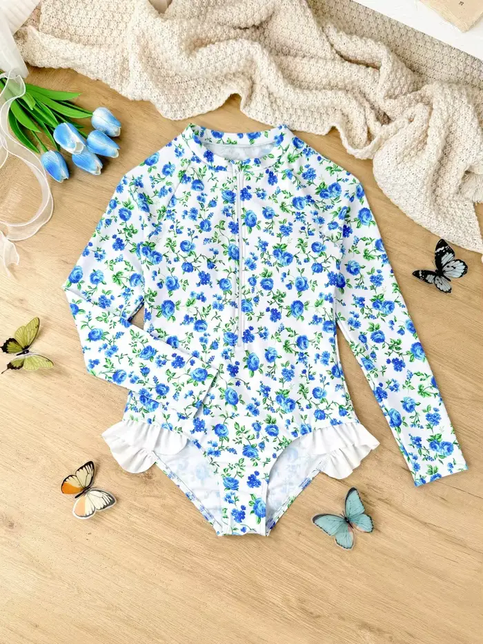 Maillot de bain une pièce pour filles, nouvelle collection 2026, imprimé floral, manches longues, av