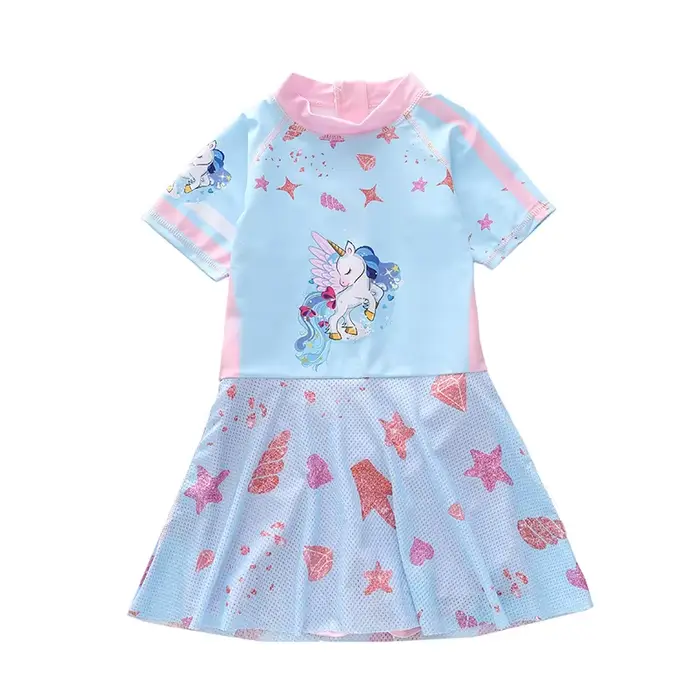 Fille maillot de bain une pièce licorne maillot de bain filles à manches courtes plage robe de bain 