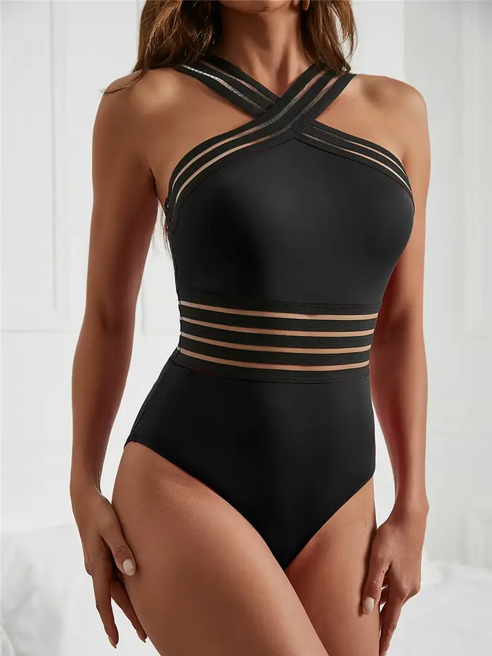 Maillot de bain une pièce sexy en maille solide 2026, col montant, croisé sur le devant, rembourré, pour femme