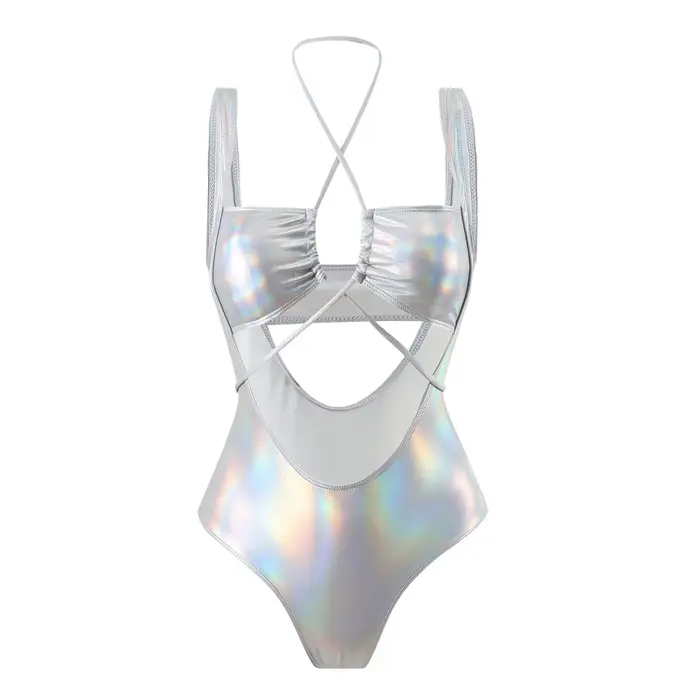 Maillot de bain une pièce métallisé holographique pour femme, dos nu, irisé, avec cordon de serrage 