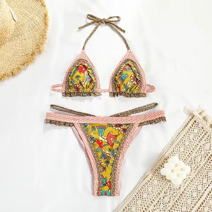 2025 nouveau Bikini Sexy femmes imprimer ensemble de Bikini brésilien licou dos nu maillot de bain B