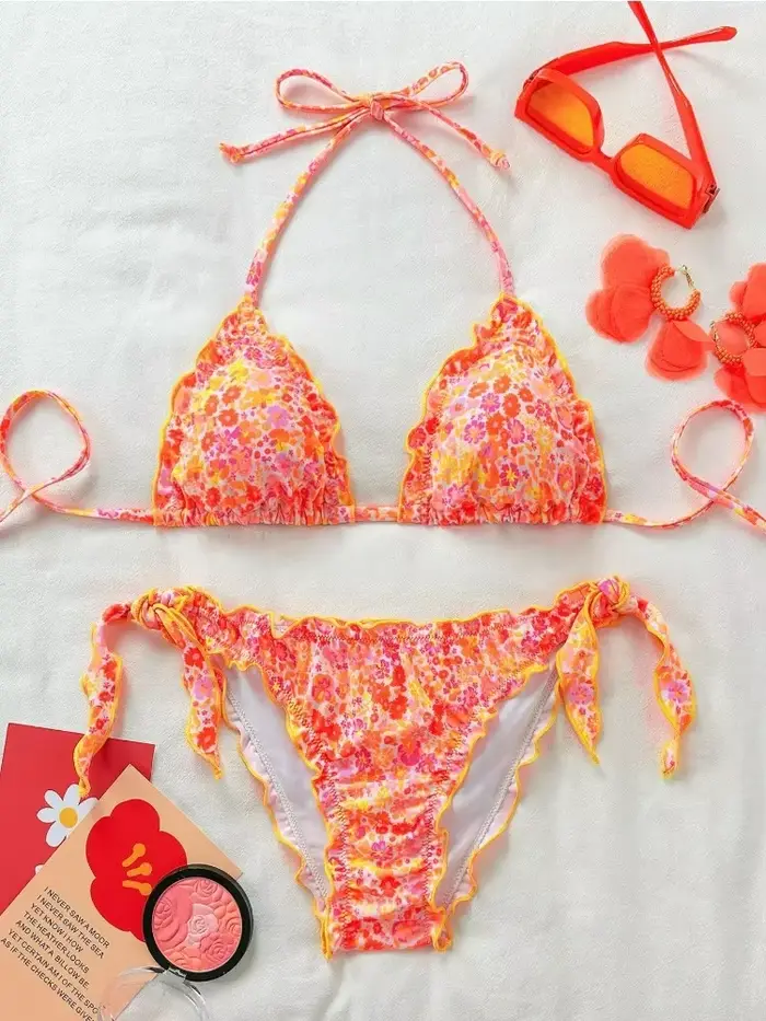 Femmes mignon Bikini ensemble 2025 nouvel été Orange imprimé fleuri licou volants Push Up cravate côté string maillot de bain maillot de bain