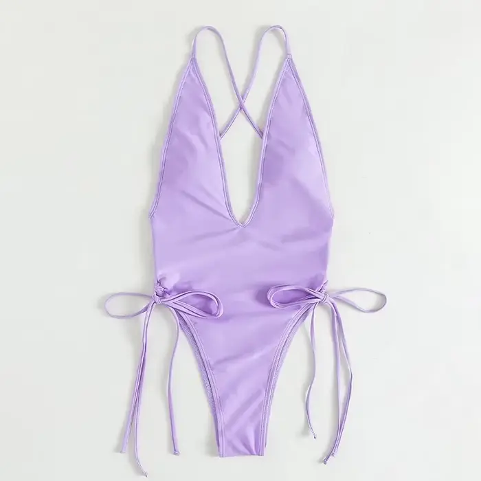 Maillot de bain une pièce plongeant, sexy, à lacets, couleur unie, pour femmes, monokini échancré, v