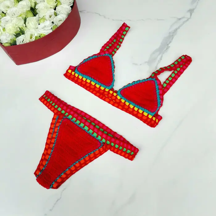 Bikini en crochet fait à la main pour femme, maillot de bain en coton, coloré, sexy, bohème, vêtemen