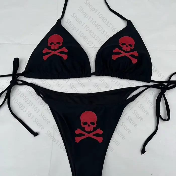 Maillot de bain gothique pour femme, ensemble Bikini squelette, Sexy, Simple, col licou, taille haut