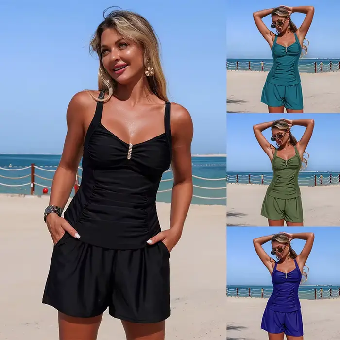 Maillot de bain tankini halter pour femme, deux pièces, effet ventre plat, col en V, avec shorty de bain à poches, couleur unie