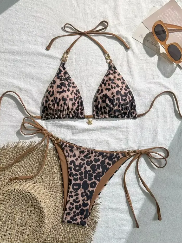 2025 nouveauté ensemble de Bikini licou imprimé léopard européen et américain pour femmes, maillot d
