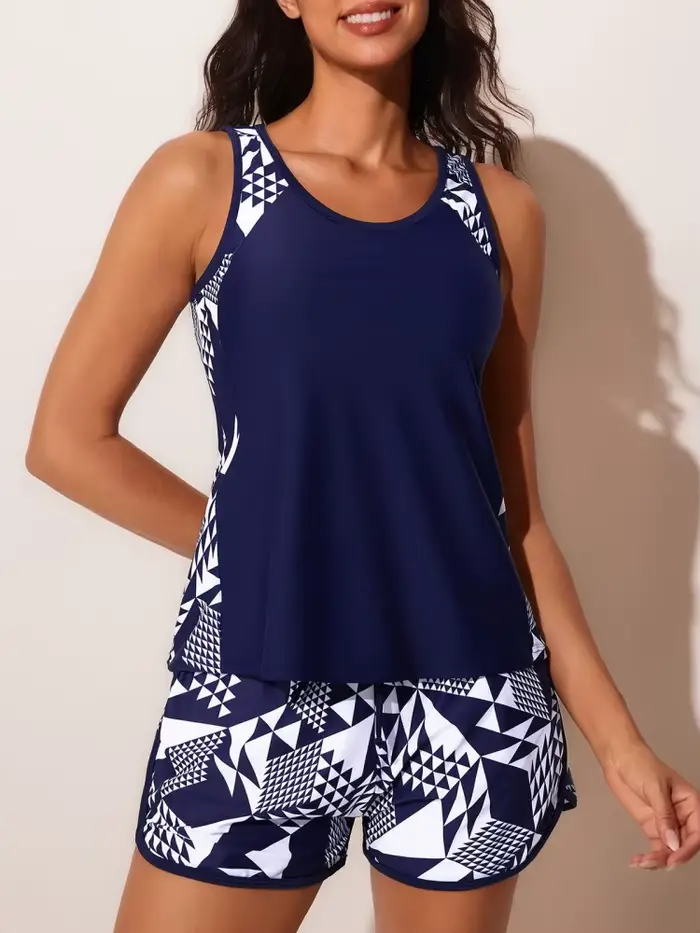 Maillot de bain deux pièces femme 2026 Nouveau imprimé uni cache-ventre Tankini d'été taille haute pour la plage