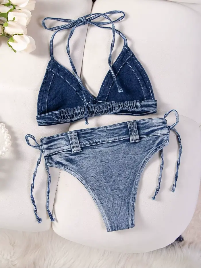 DEKA nouveau Sexy Denim Bikini ensemble plage costume fendu bleu maillot de bain été jean Shorts femme courte femmes deux pièces maillots de bain