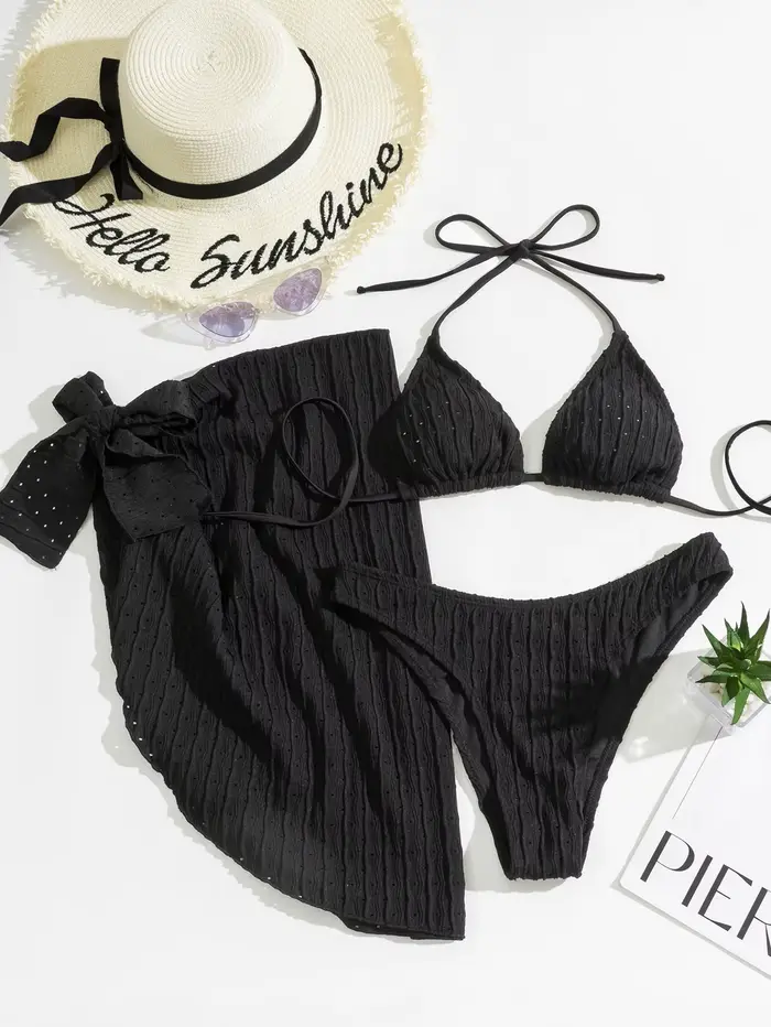 Bikini Halter 3 Pièces Femme en Matière Spéciale, Maillot de Bain String Sexy avec Jupe Sarong, Tenu