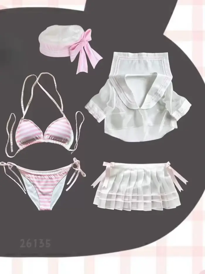 Nouveau Maillot de Bain Marin Rose Doux pour Femme, Ensemble Deux Pièces Rayé avec Bretelles au Cou 