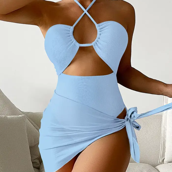 Cikini-Maillot de bain licou découpé pour femme avec jupe de plage