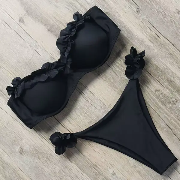 Maillot de bain bandeau pour femme, ensemble bikini sexy à volants, string, push-up, imprimé léopard
